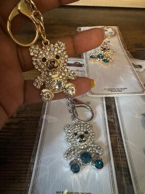 Rhinestone Teddy Bear Keychain - Gold Tone with Clear & Teal Crystals